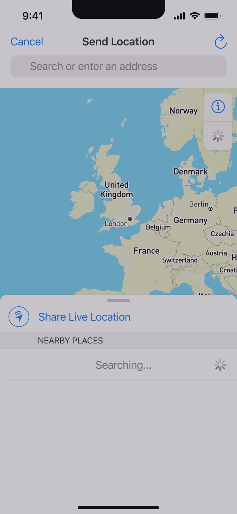 Send location: map with nearby places loading.