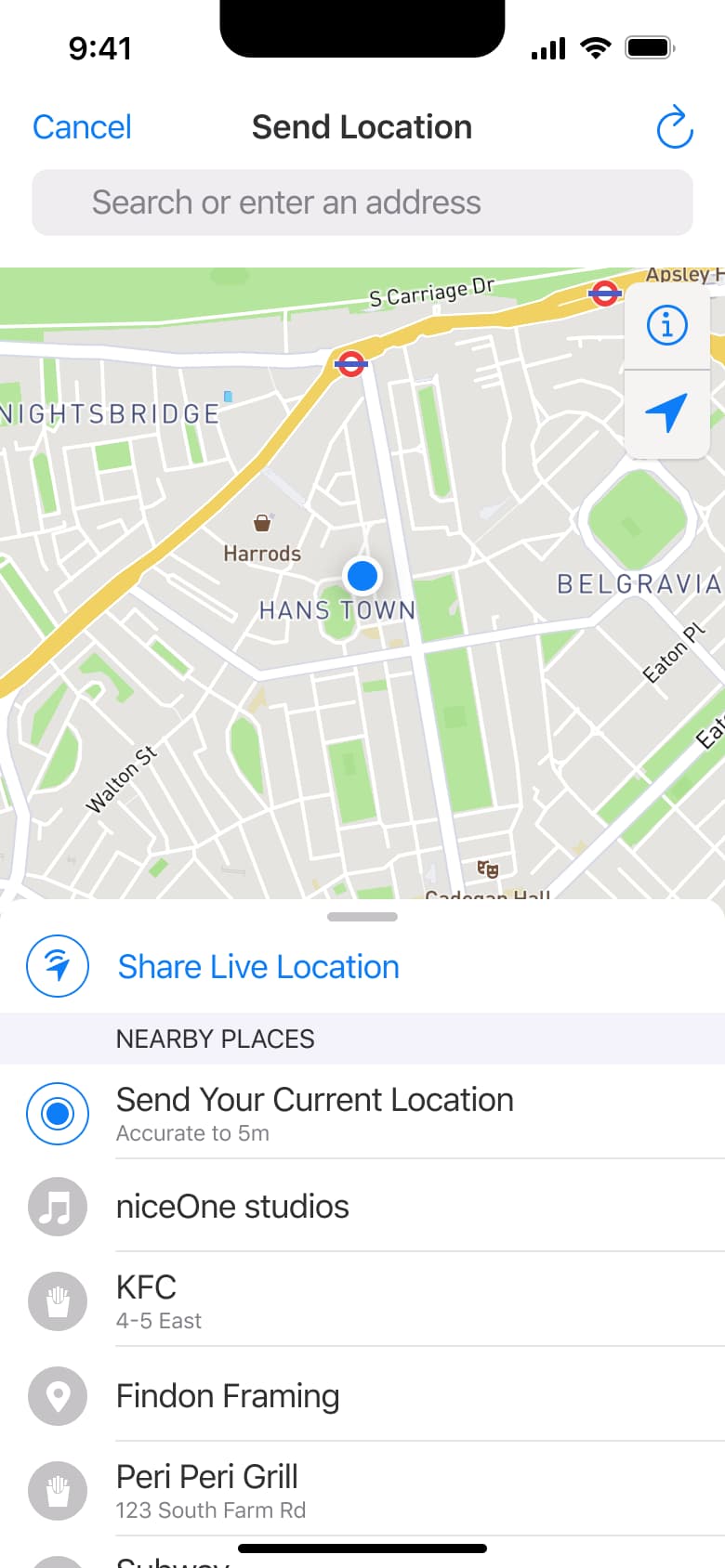 Send location: share live location, current location and nearby places.