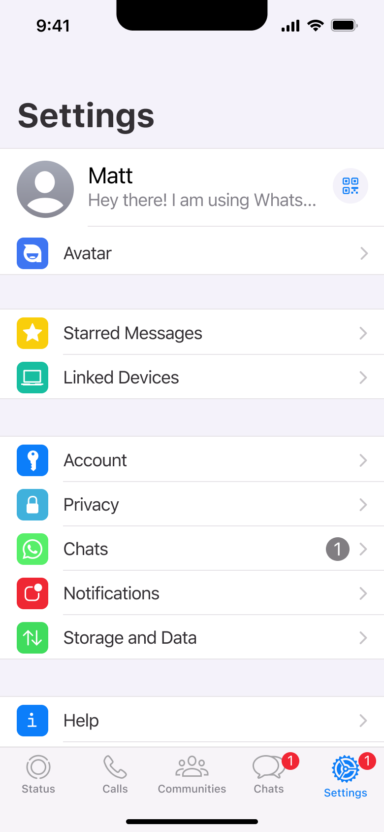 Settings: profile, avatar, starred, linked devices, account, privacy, chats, notifications, storage and help.