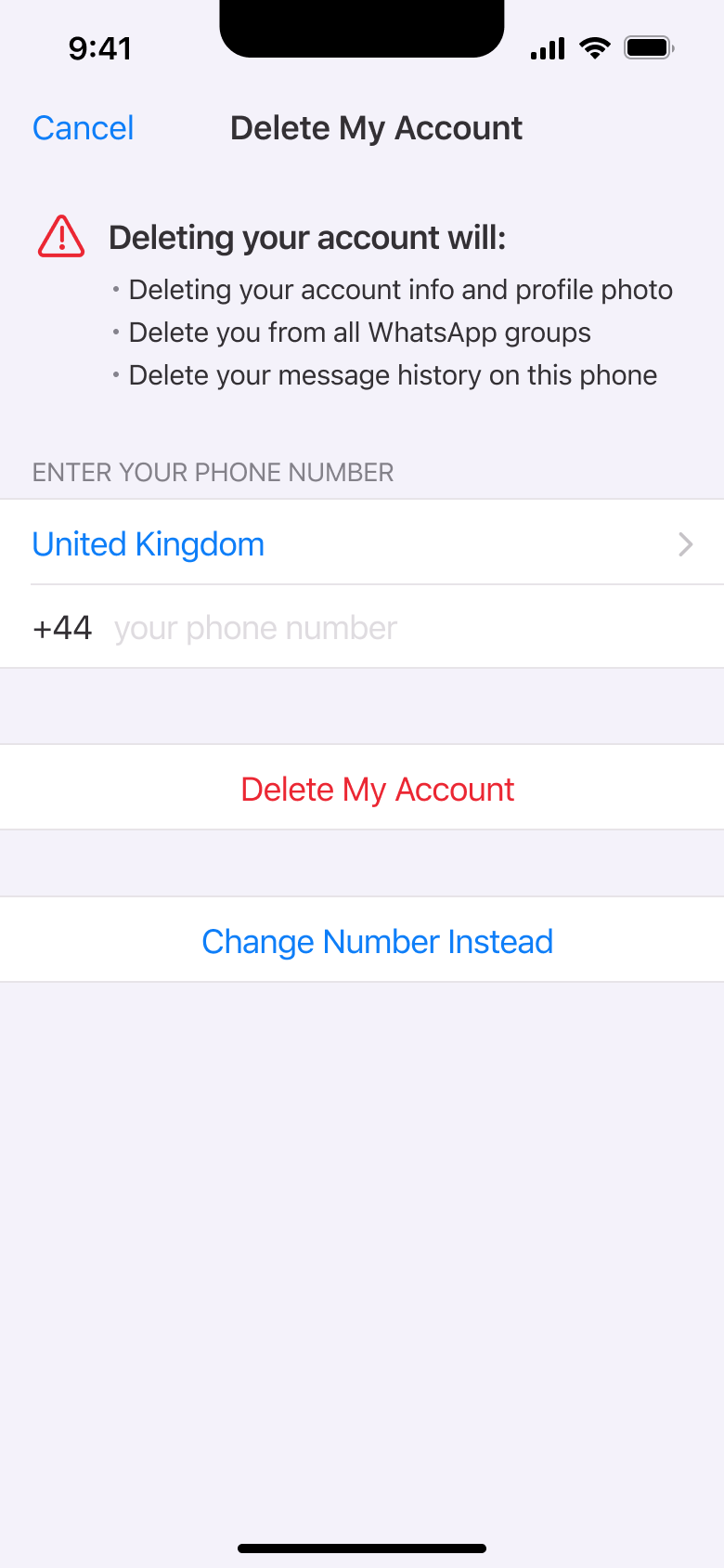 Delete my account: consequences, country, phone and delete button.
