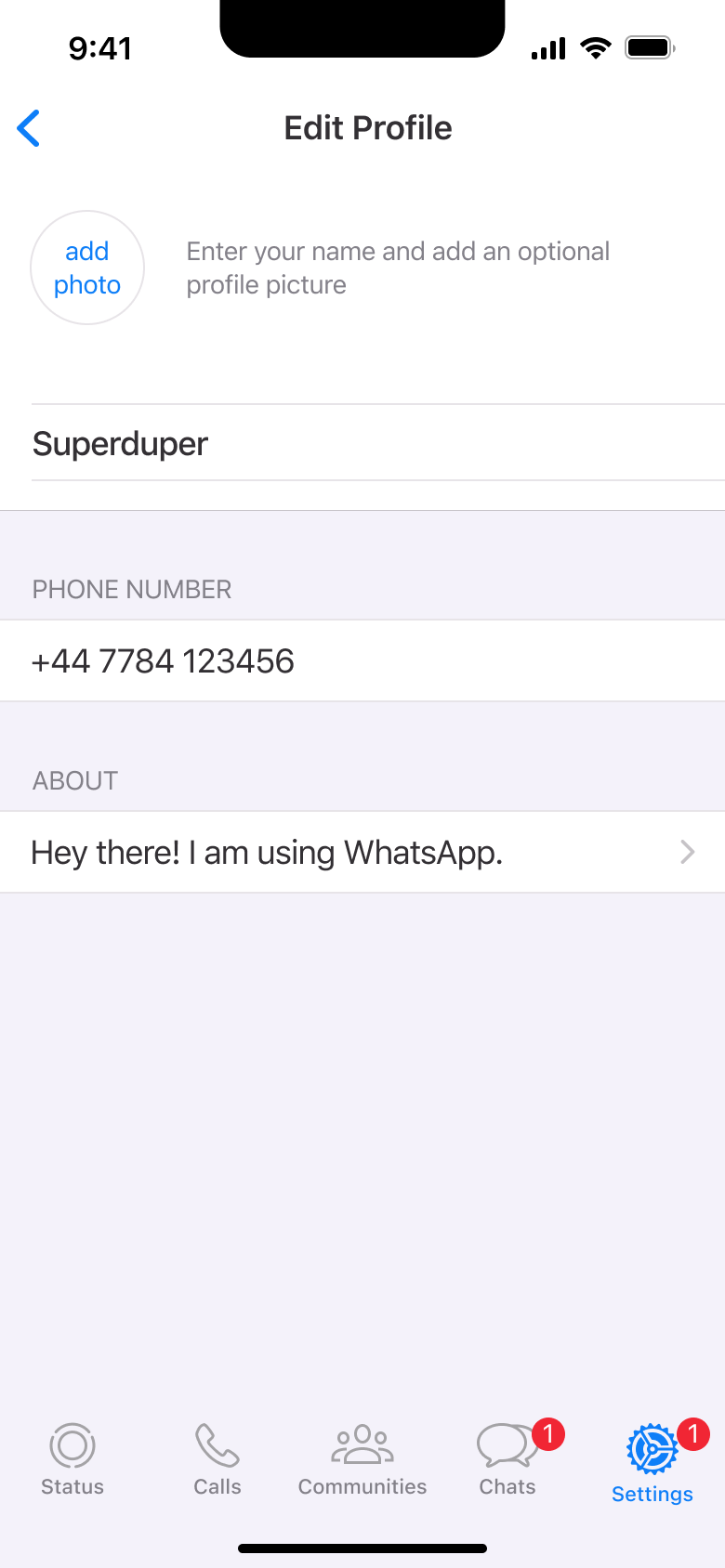 Edit profile: photo, name, phone number and about.