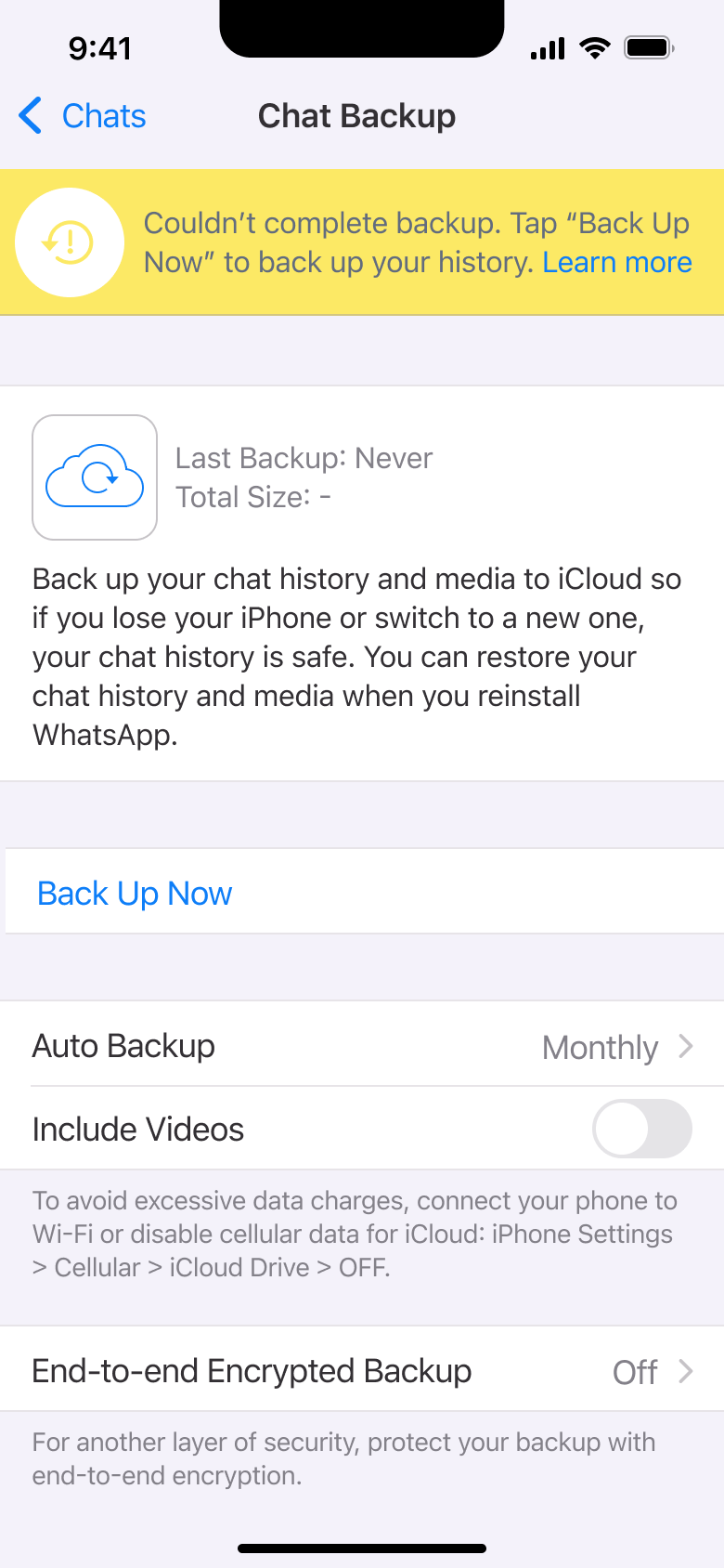 Chat backup with backup failed banner and options.