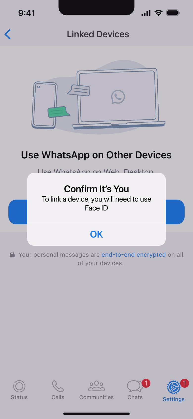 Confirm it's you dialog before linking a device.
