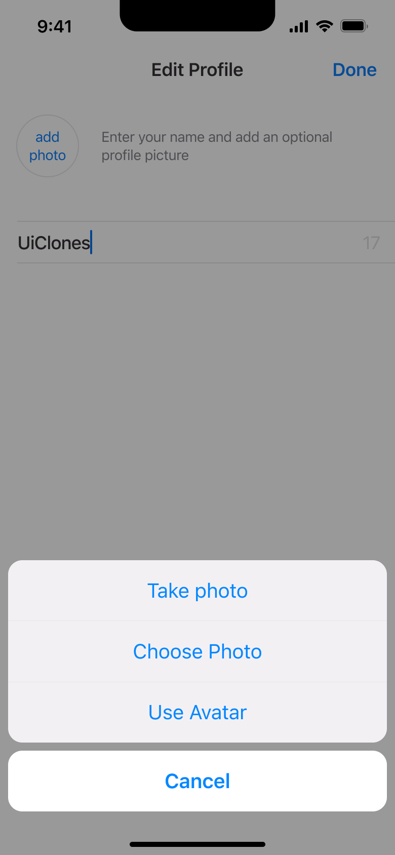 Profile photo action sheet: take photo, choose photo or use avatar.
