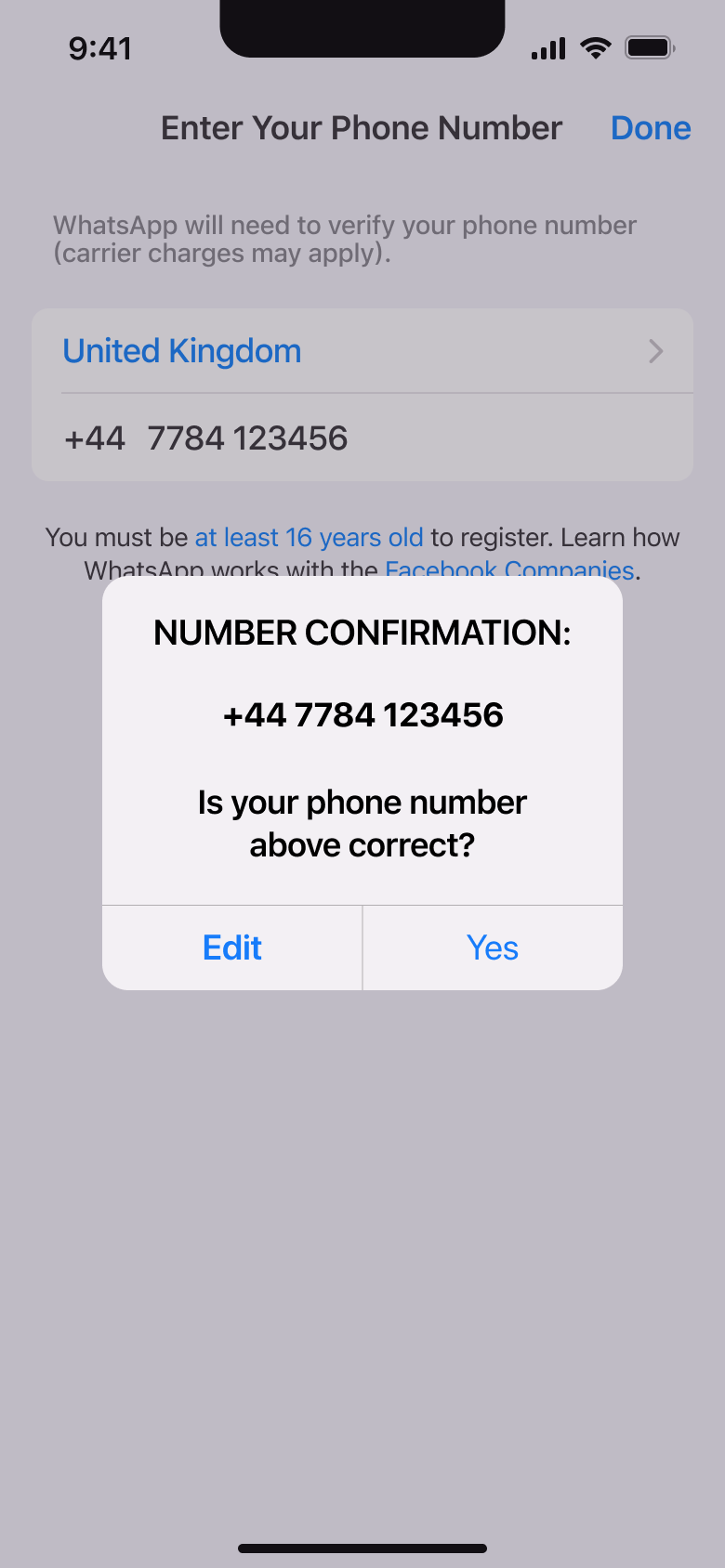 Number confirmation dialog: is your phone number correct, edit or yes.