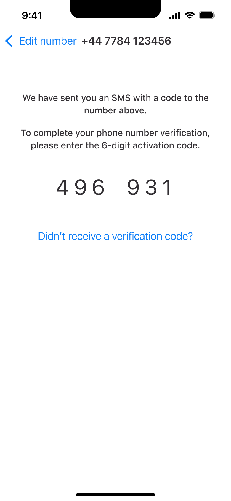 Six-digit activation code entered.