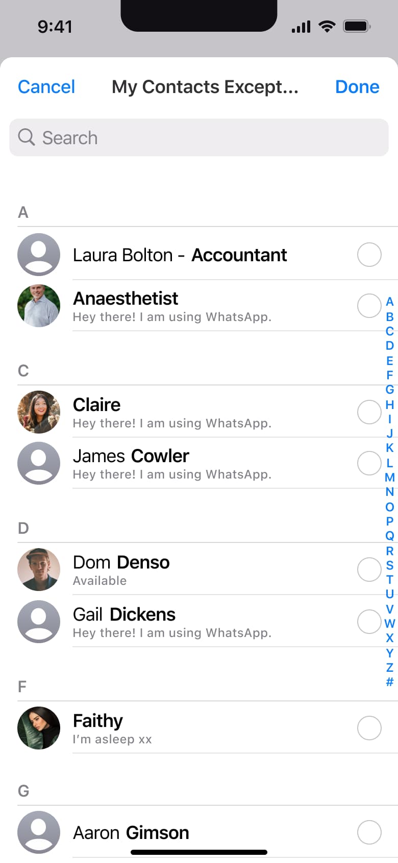My contacts except: searchable contacts list with checkboxes.