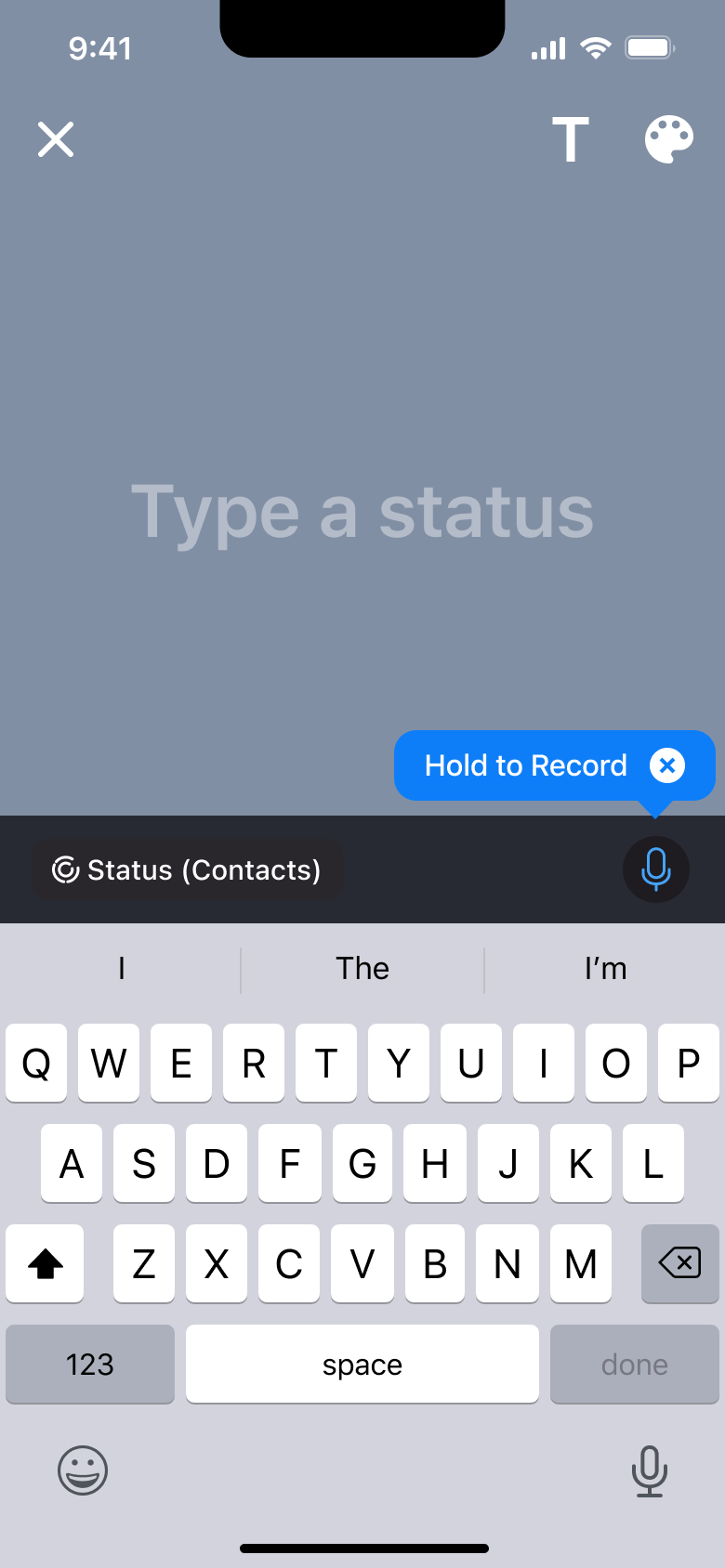 Type a status: text status composer with hold to record tip.