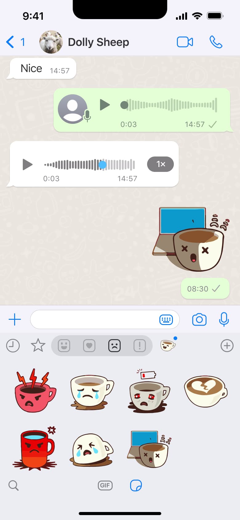 Chat with sent sticker and sticker panel open.