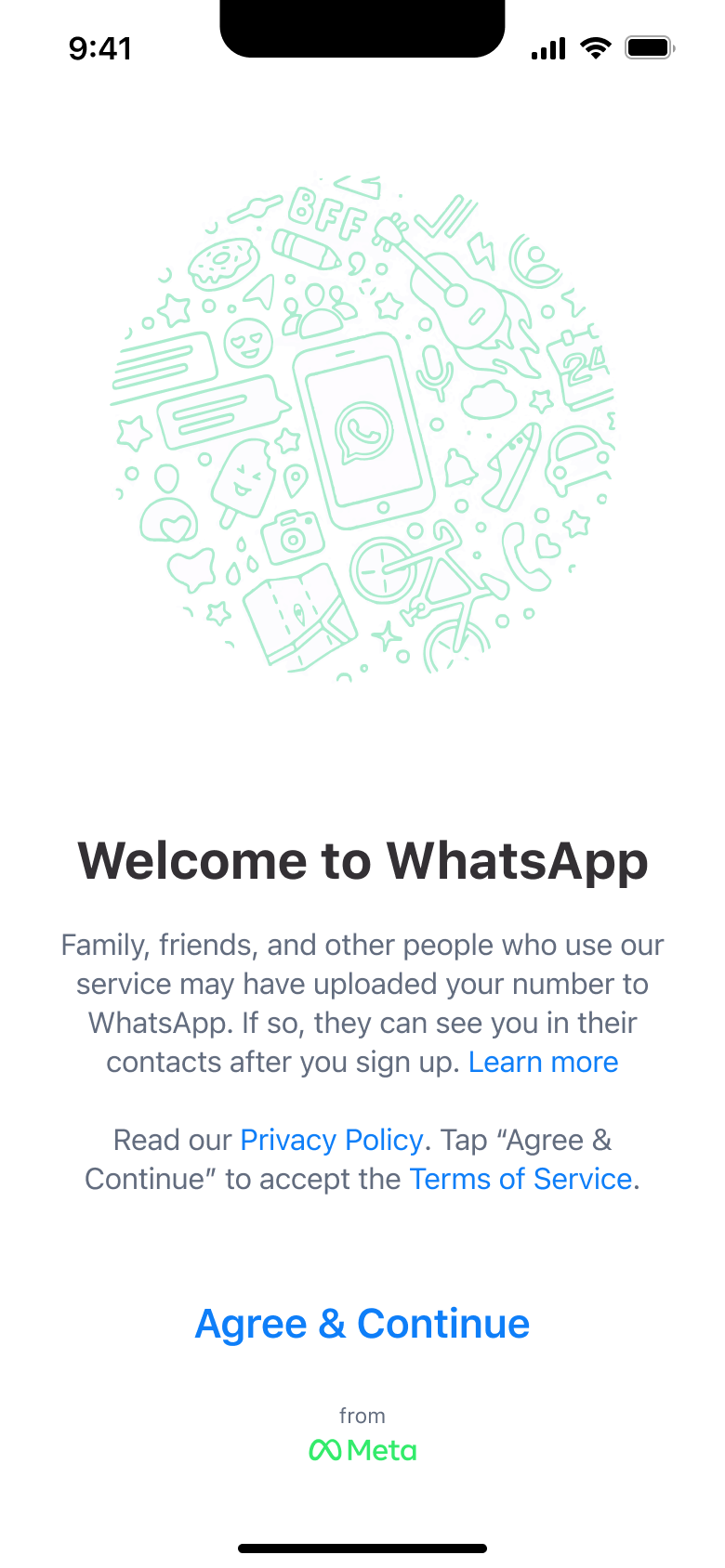 Welcome: privacy policy and terms, agree and continue.