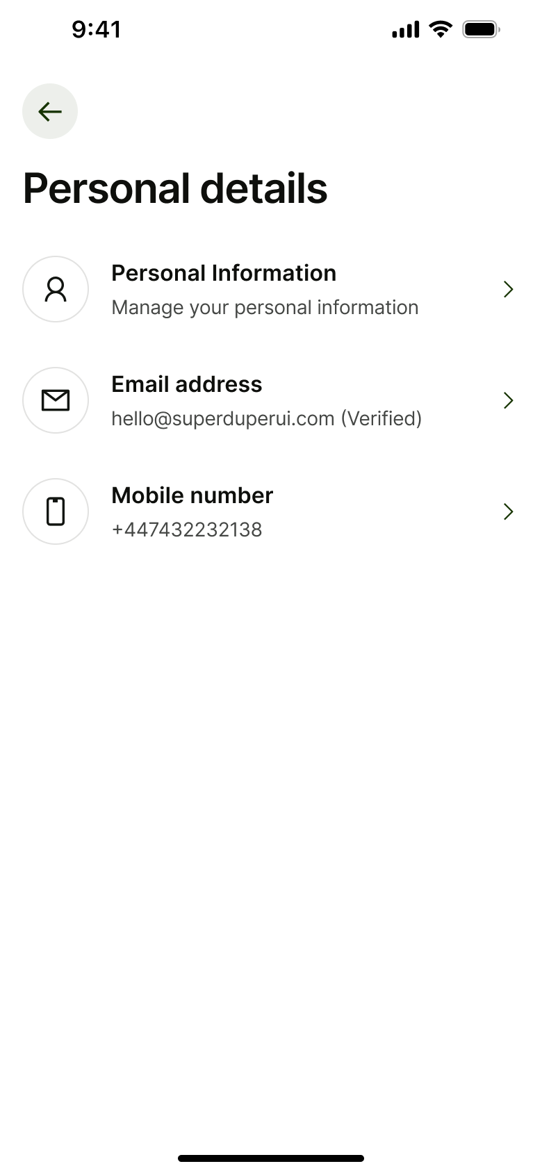Personal details: information, email and mobile number.