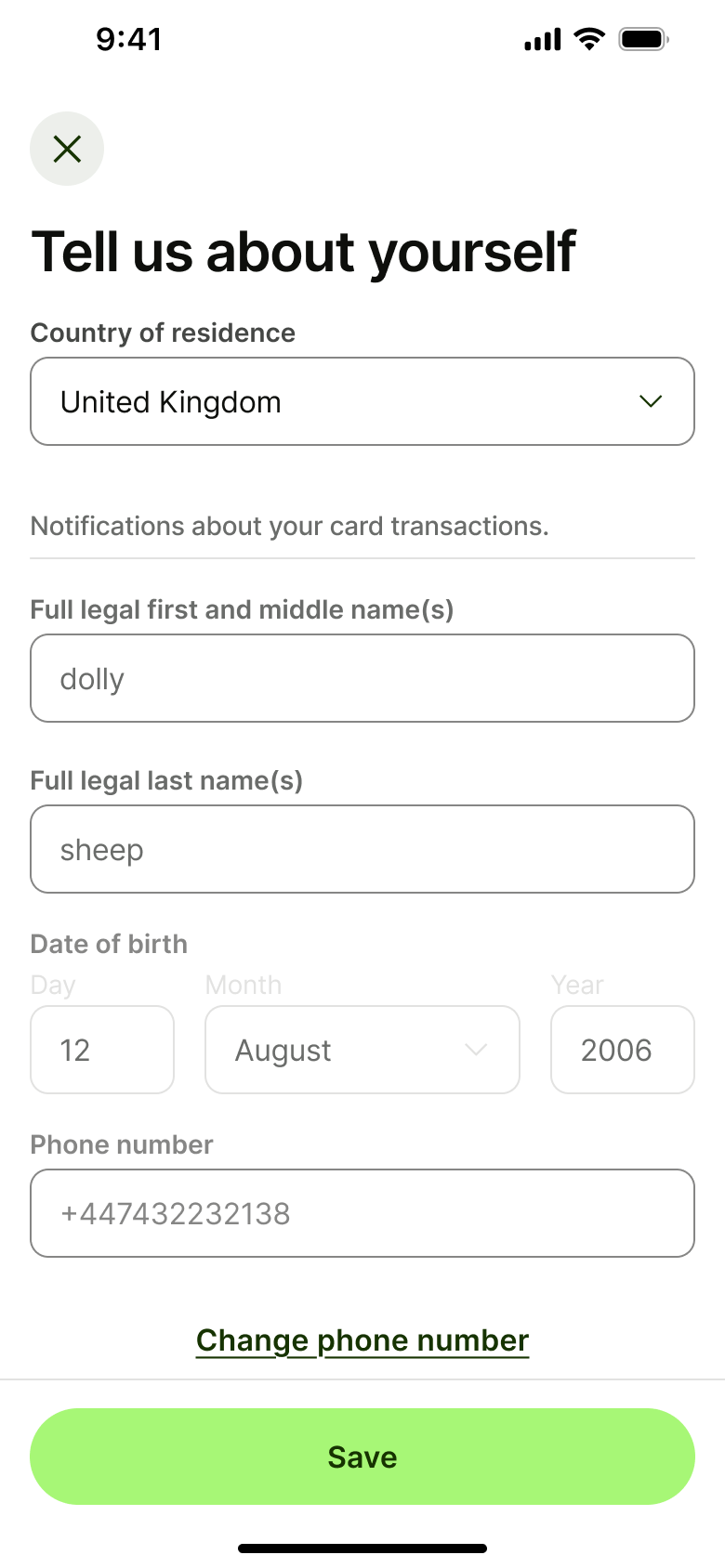 Tell us about yourself edit form with change phone number link.