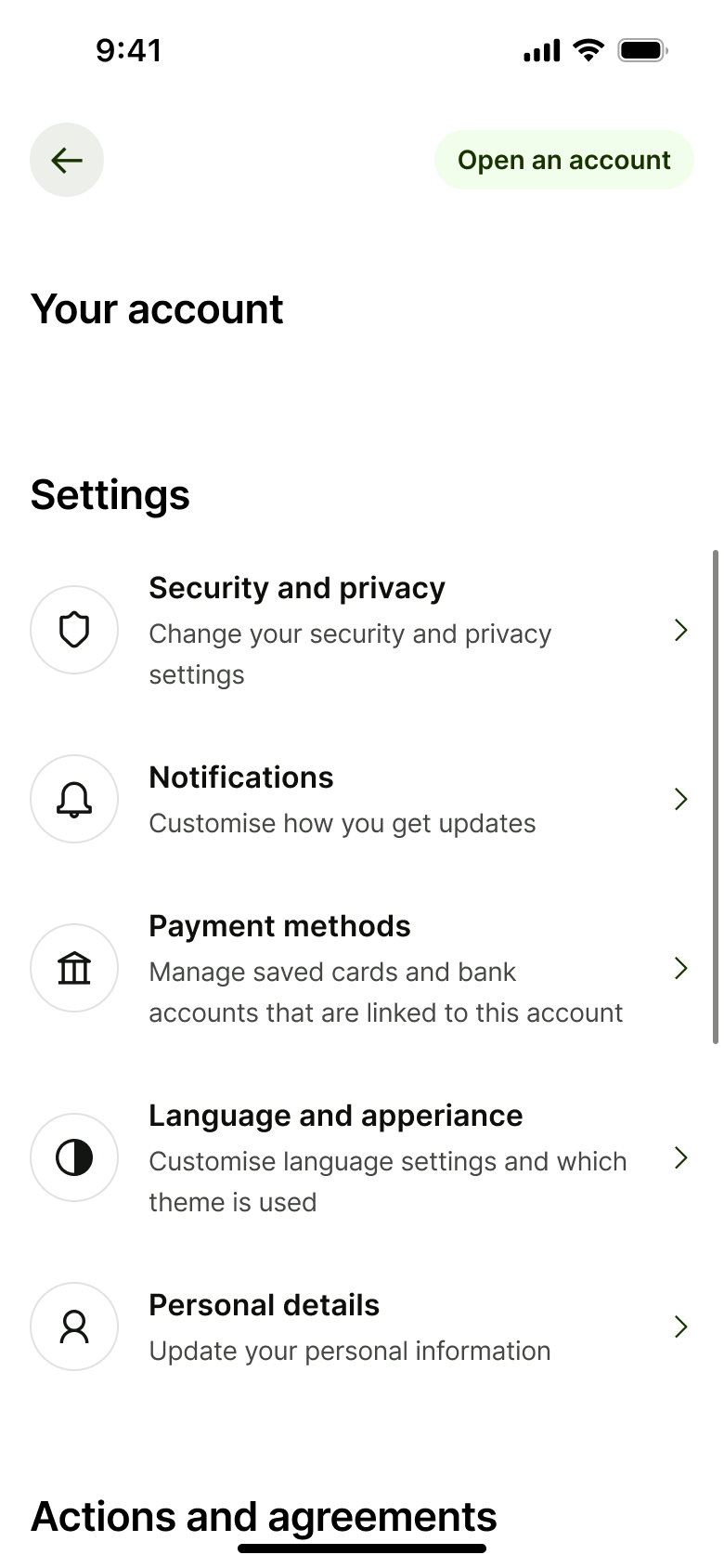 Your account settings list.