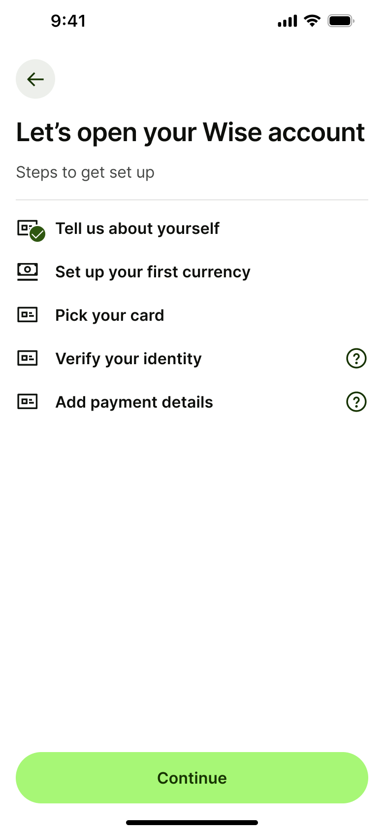 Let's open your account: setup steps checklist.