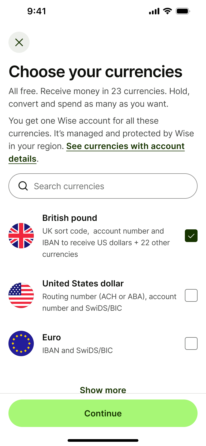 Choose your currencies with search and default currency ticked.