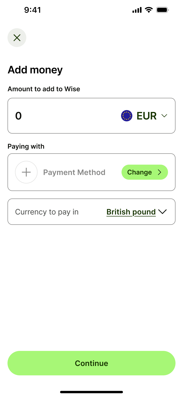 Wise flow, step 1: Add money 1