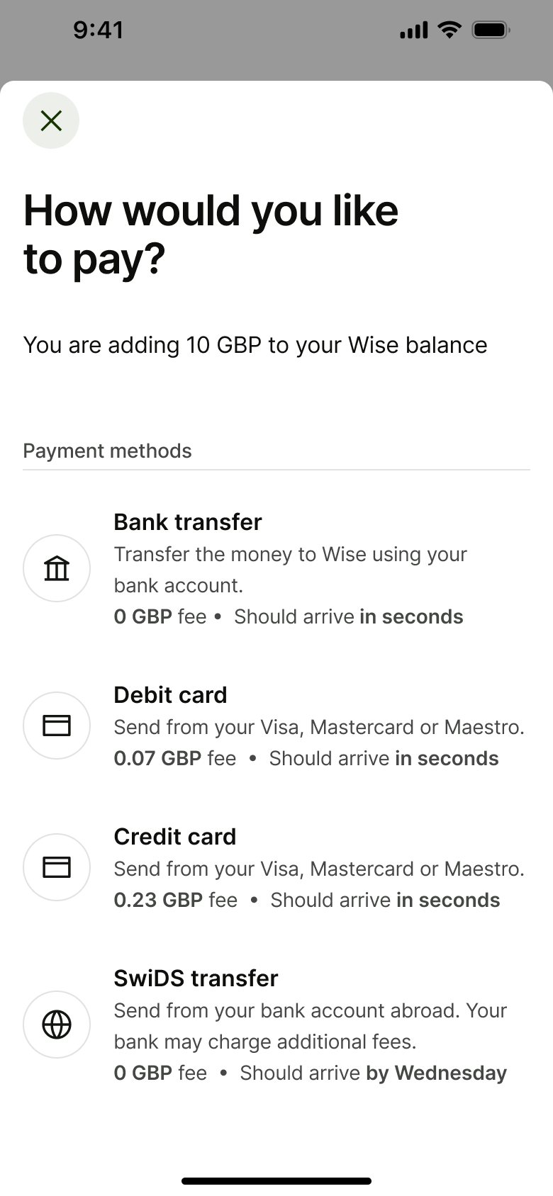 How would you like to pay sheet with payment method fees and timings.