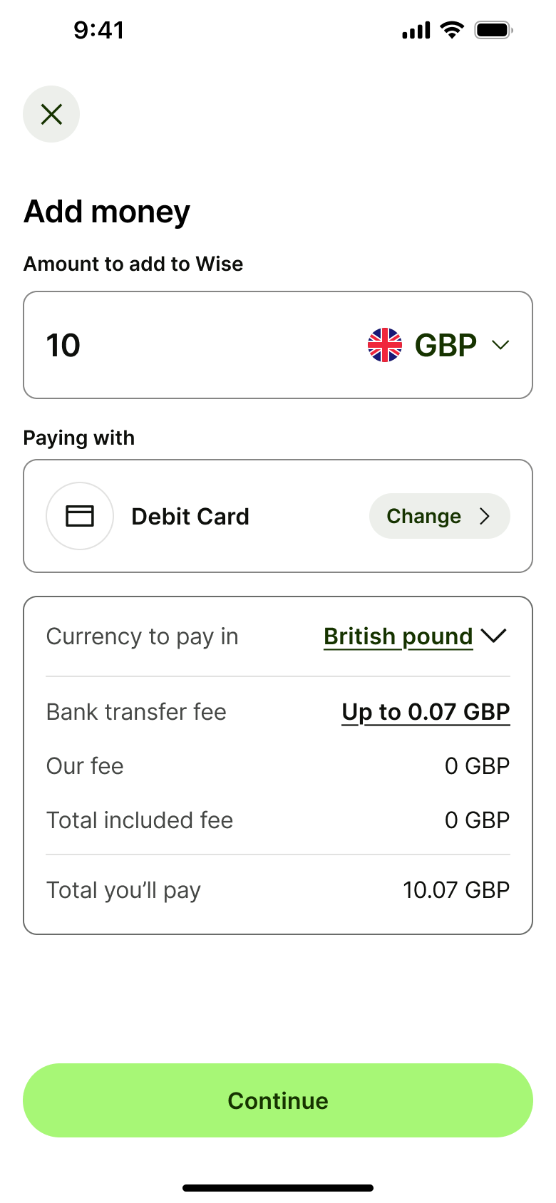 Add money via debit card with fee summary.