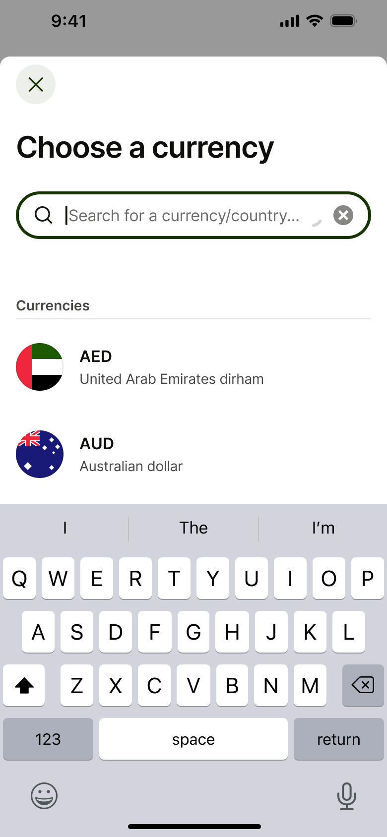 Currency search field focused.