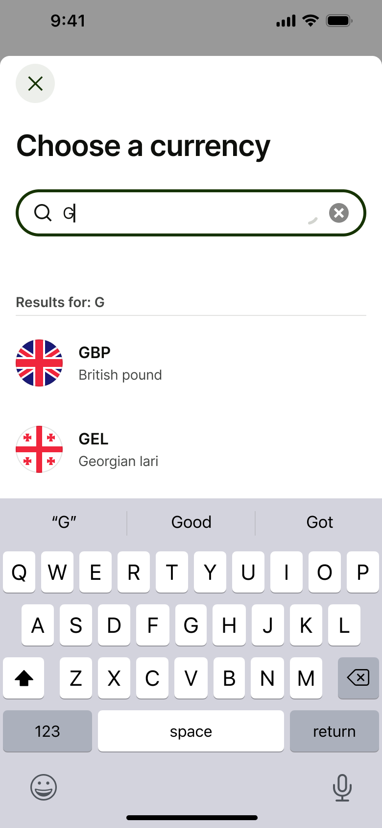 Currency search results for a typed letter.