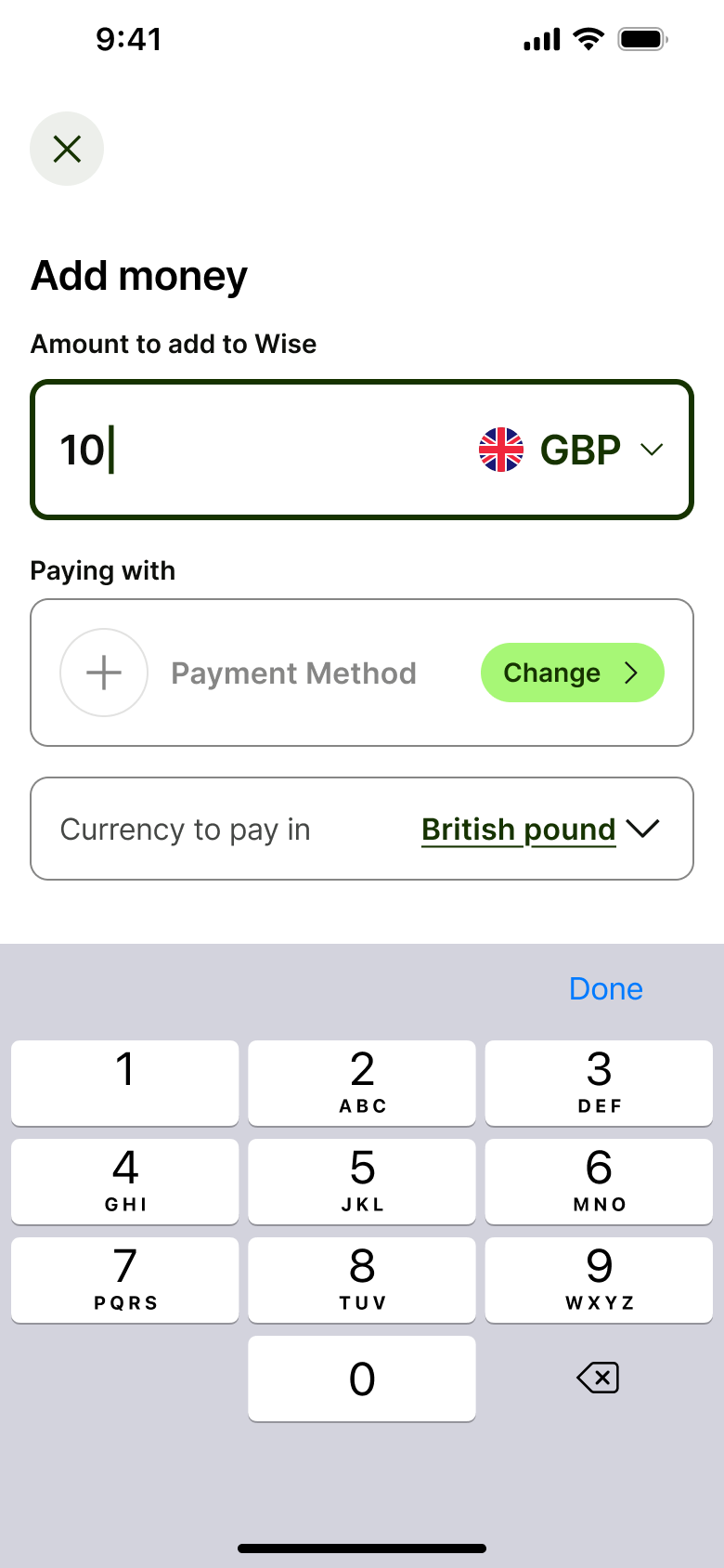 Amount being typed in add money.