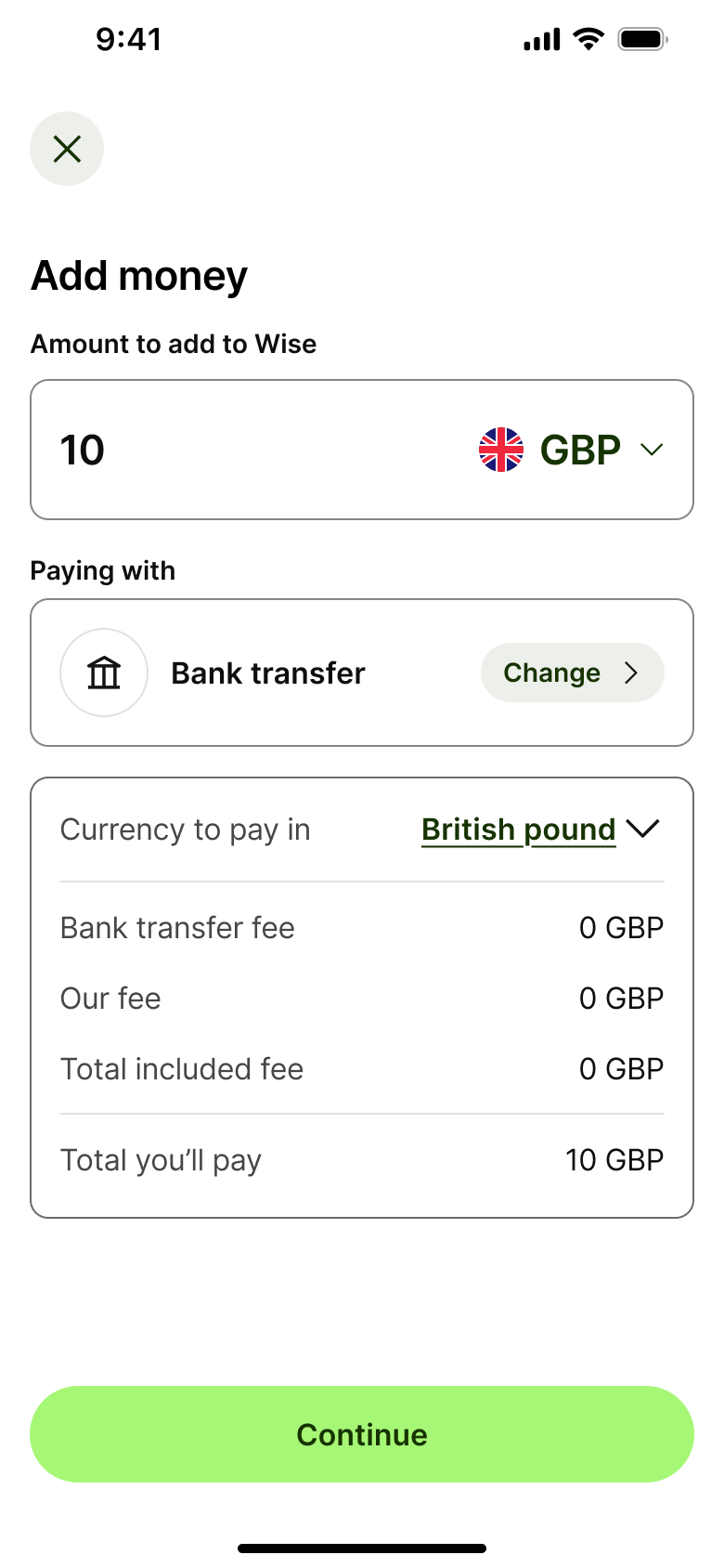 Add money with bank transfer chosen and fee breakdown.