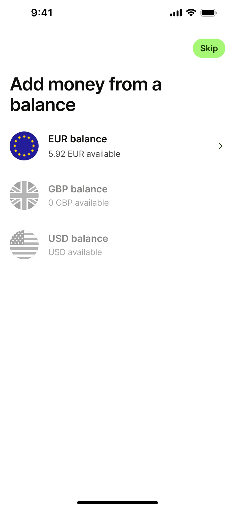 Add money from a balance: choose source balance.