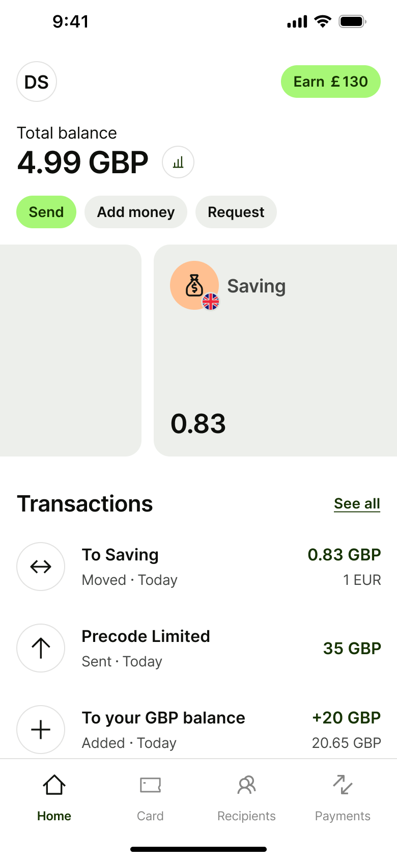 Home with jar card and transactions.