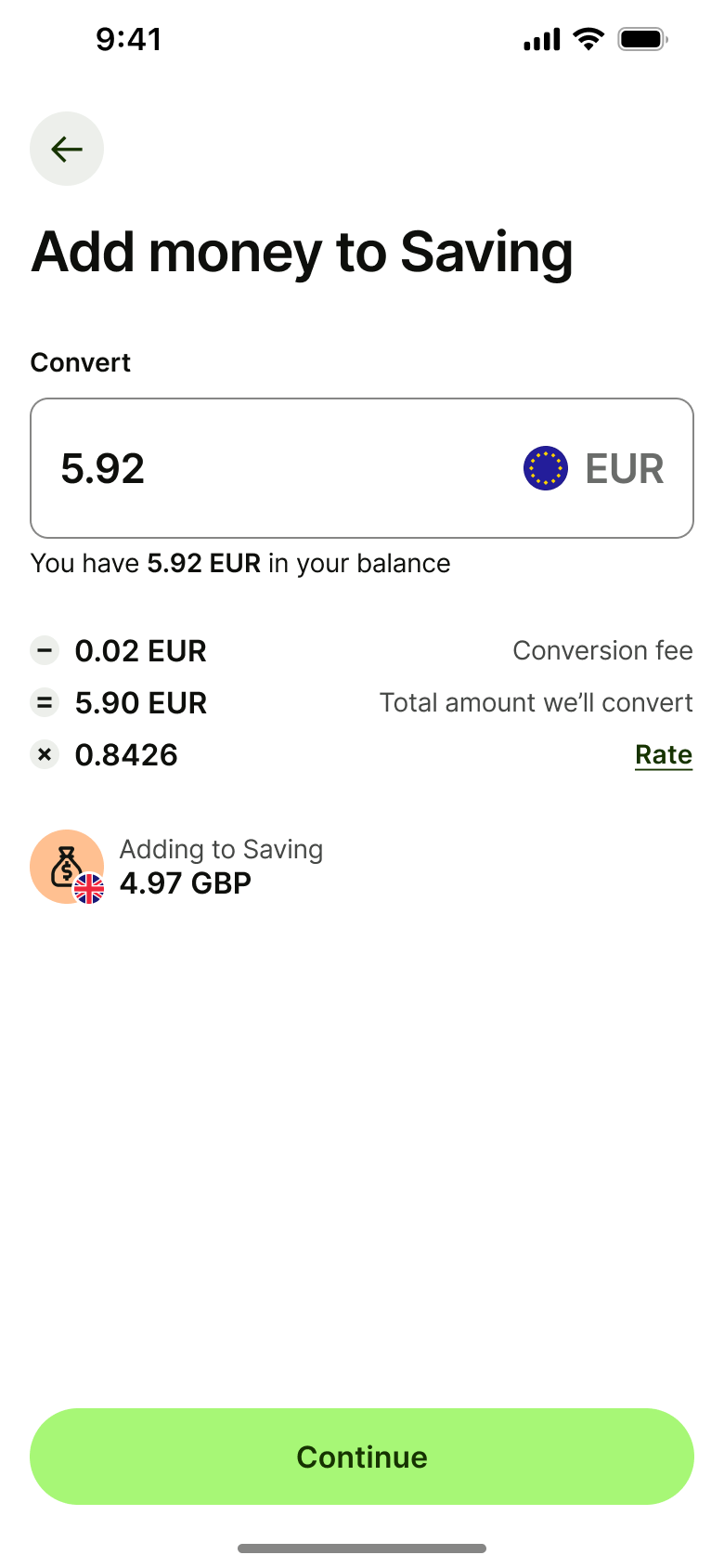 Add money to jar with fees, rate and result.