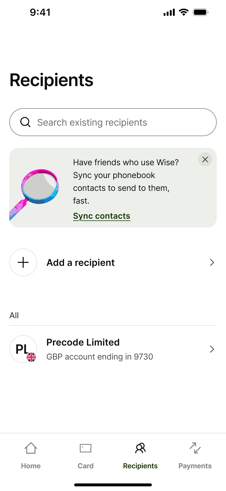 Recipients: sync contacts banner, add a recipient and recipient list.