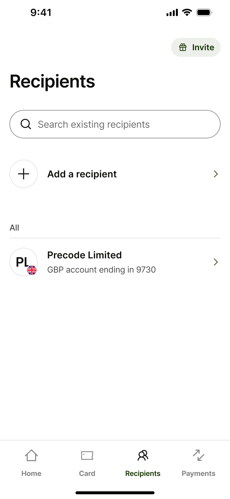 Recipients list with invite button.