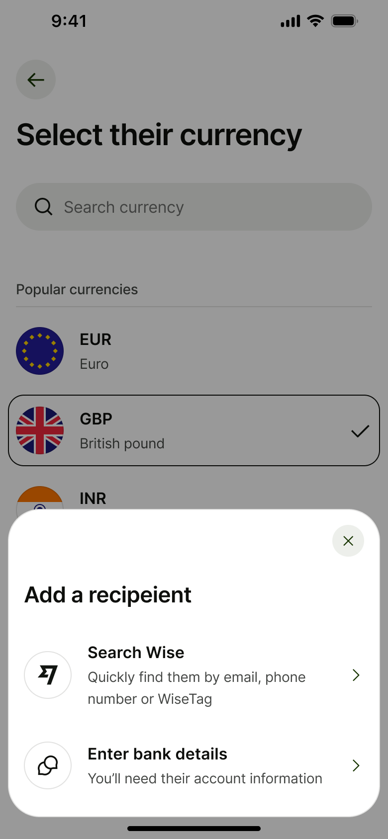 Add a recipient sheet: search by tag or enter bank details.