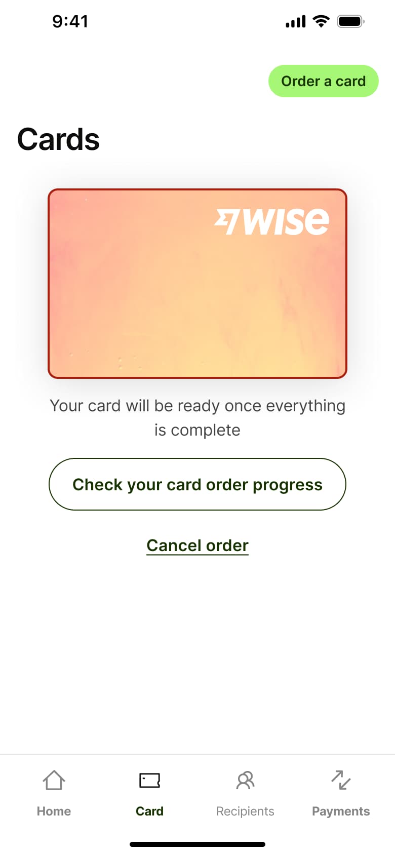 Cards tab: check your card order progress.