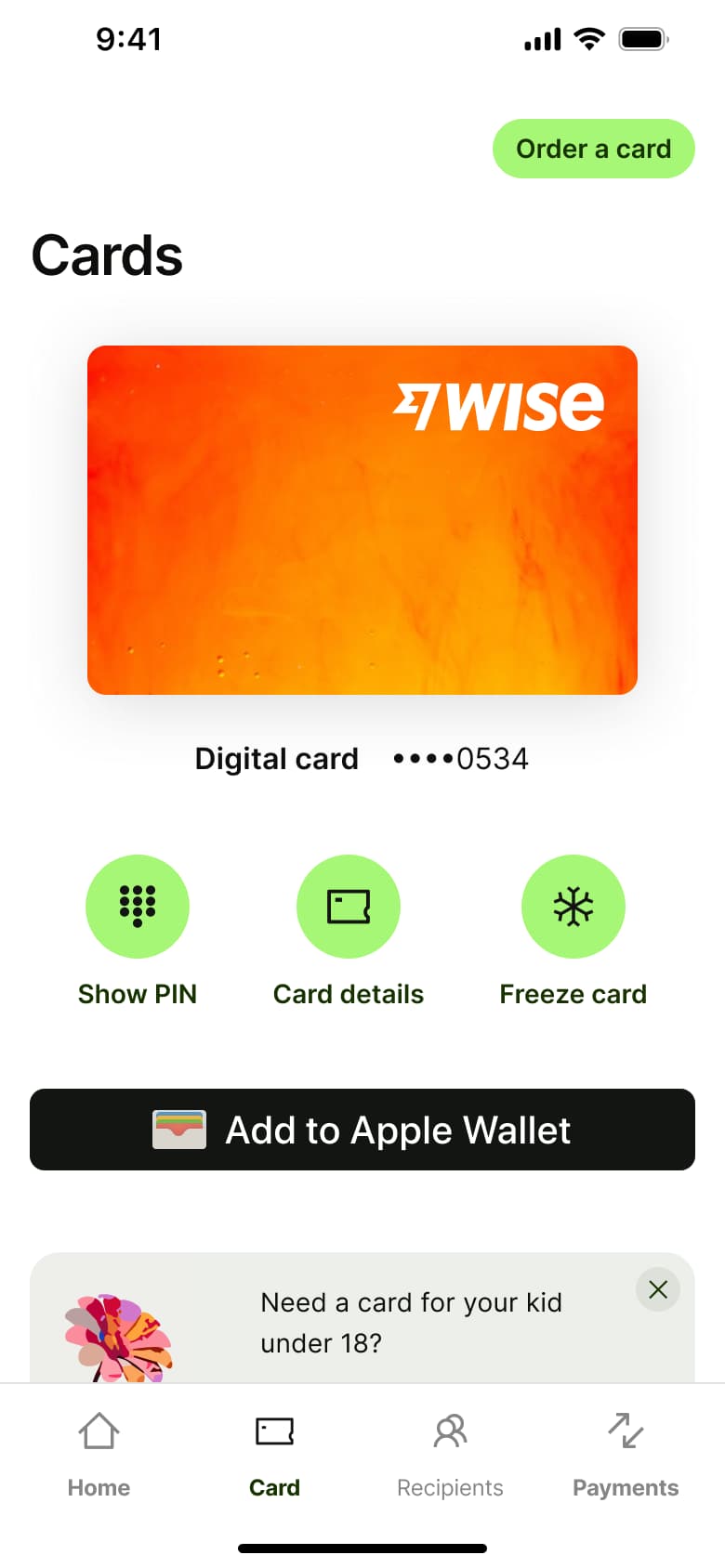 Card detail: digital card with show PIN, details, freeze and add to wallet.
