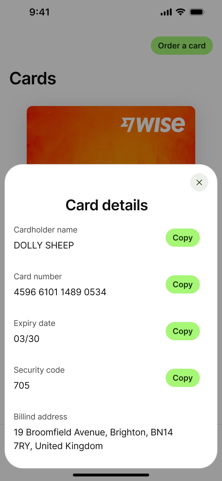 Card details sheet: cardholder, number, expiry and security code with copy.