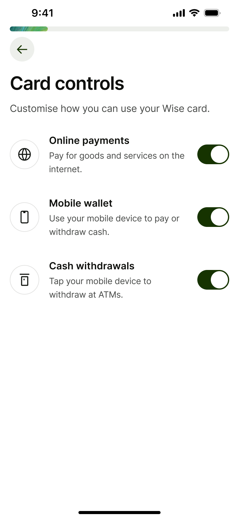 Card controls: online payments, mobile wallet and cash withdrawals toggles.