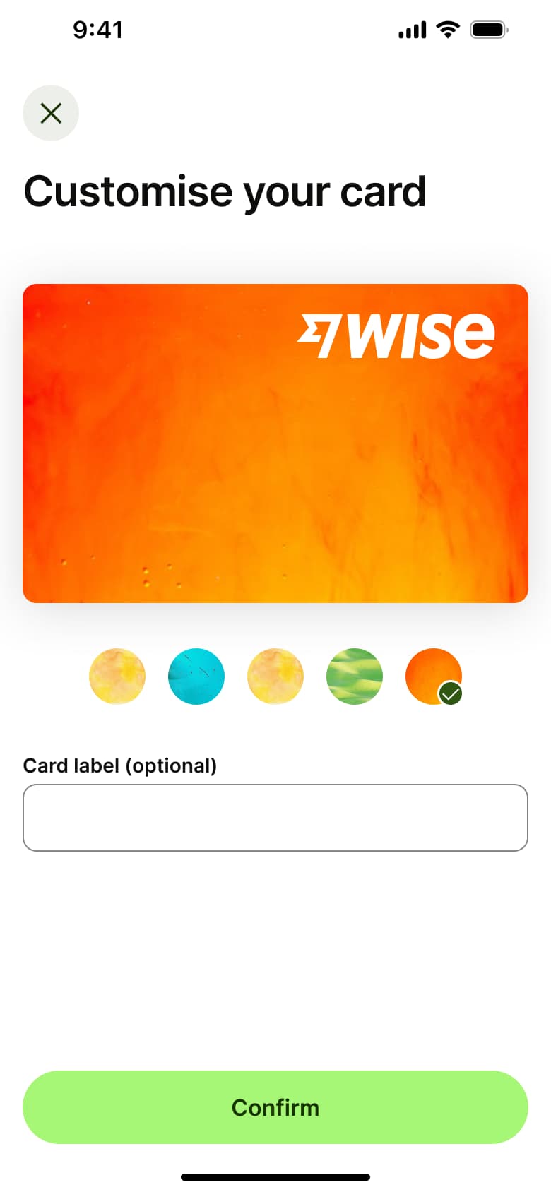 Customise your card with colour and optional card label.