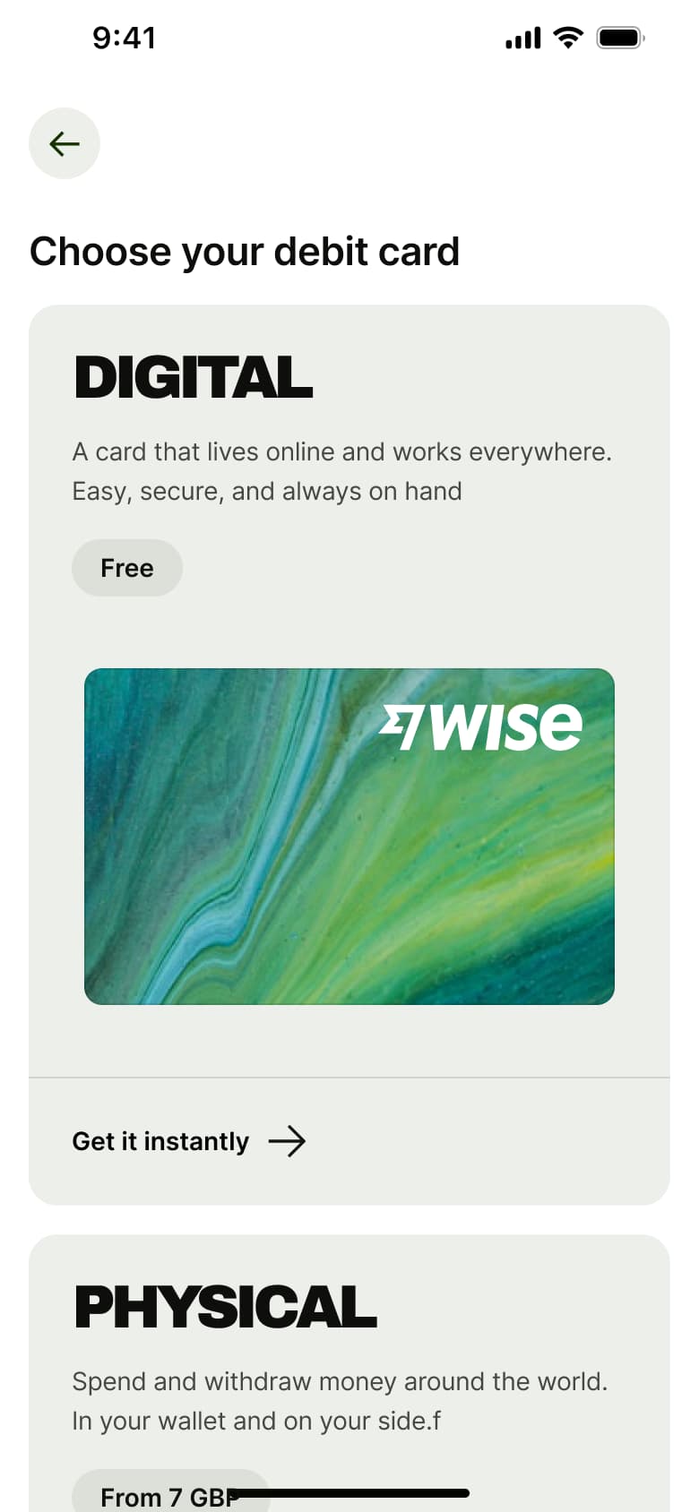 Choose your debit card: digital or physical options.