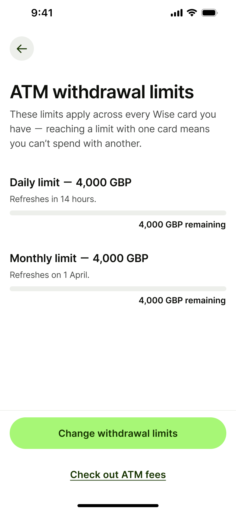 Withdrawal limits: daily and monthly with remaining amounts.