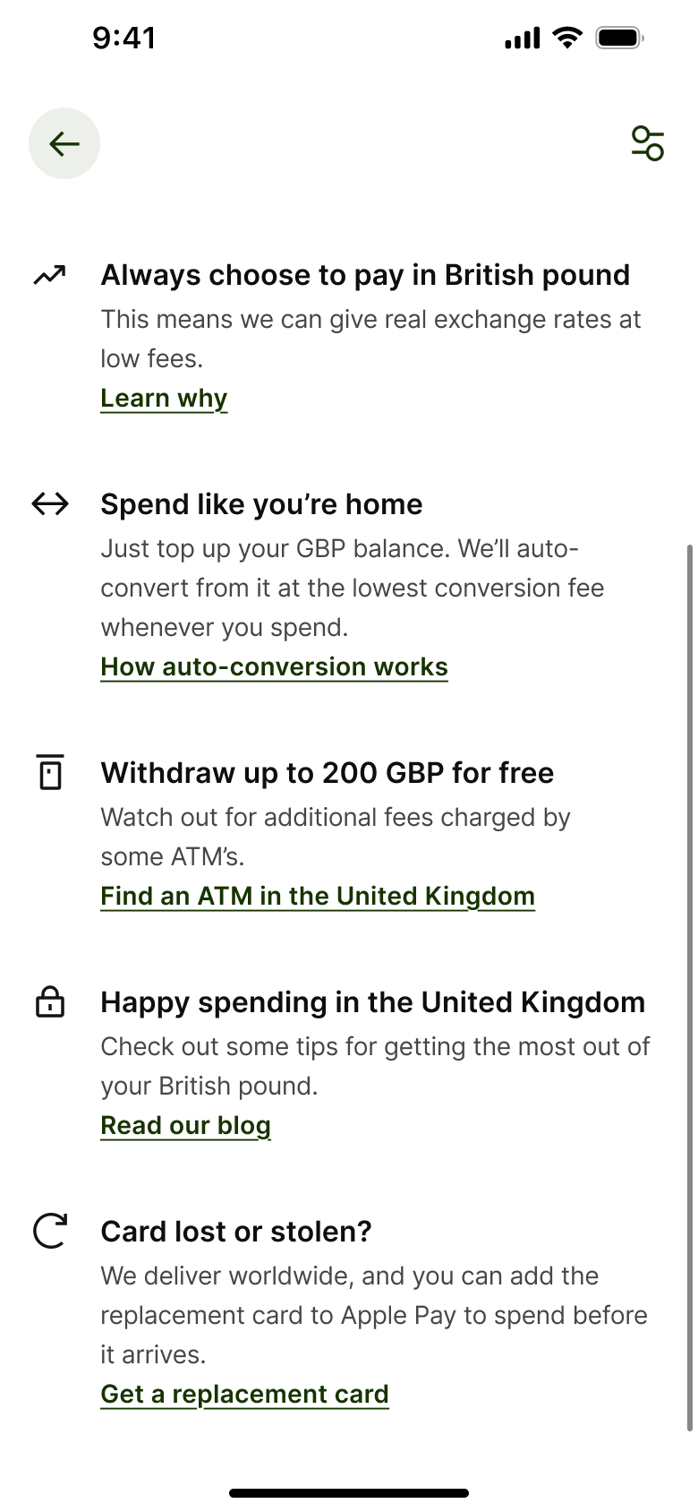 Travel tips scrolled: withdraw limits, spending tips and lost card.