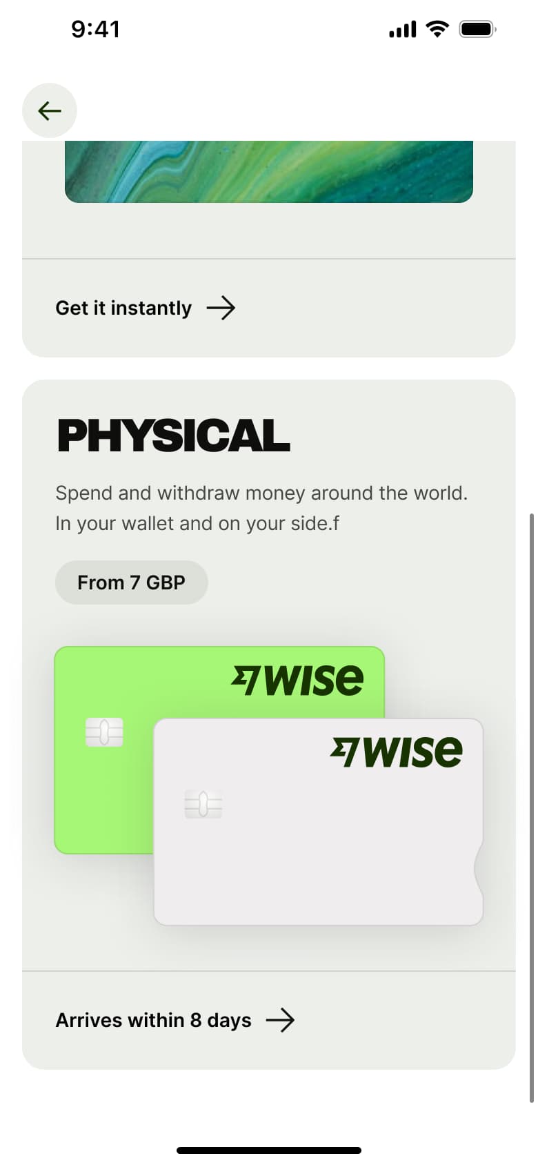 Physical card option with price and delivery time.