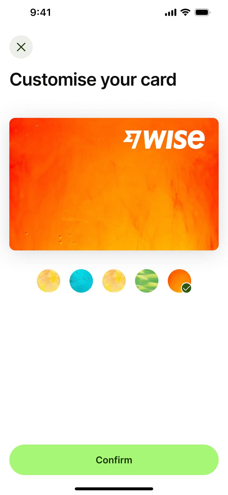 Customise your card with orange design selected.