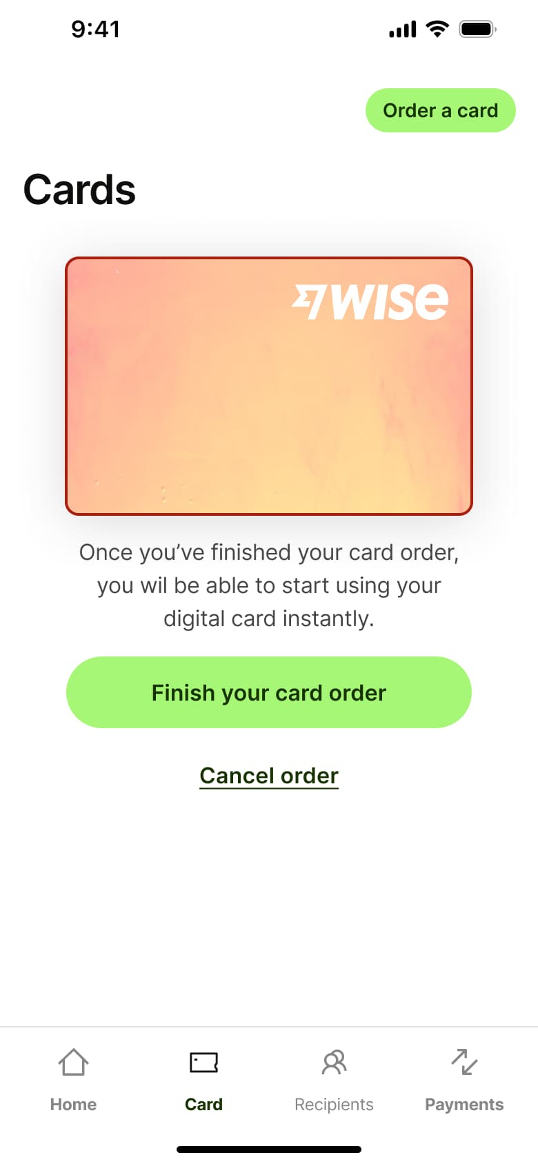 Cards tab: finish your card order or cancel order.