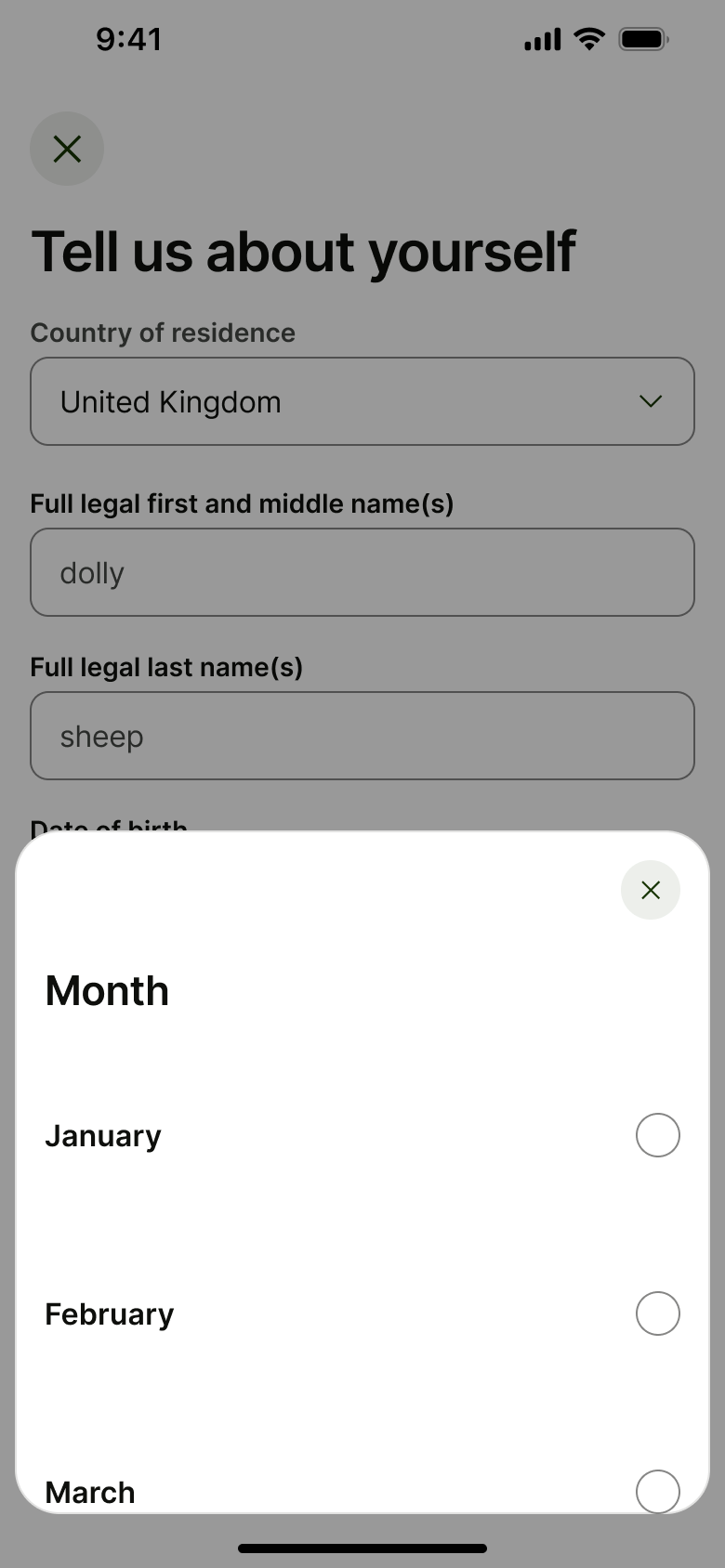 Month picker sheet over the form.