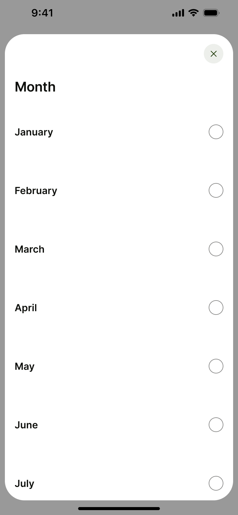 Month picker sheet expanded.