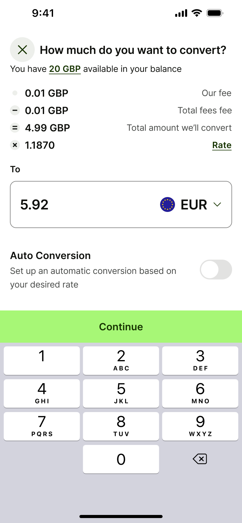 Converted amount shown in target currency.