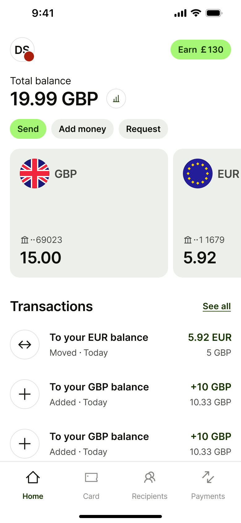 Home with total balance, currency cards and transactions.