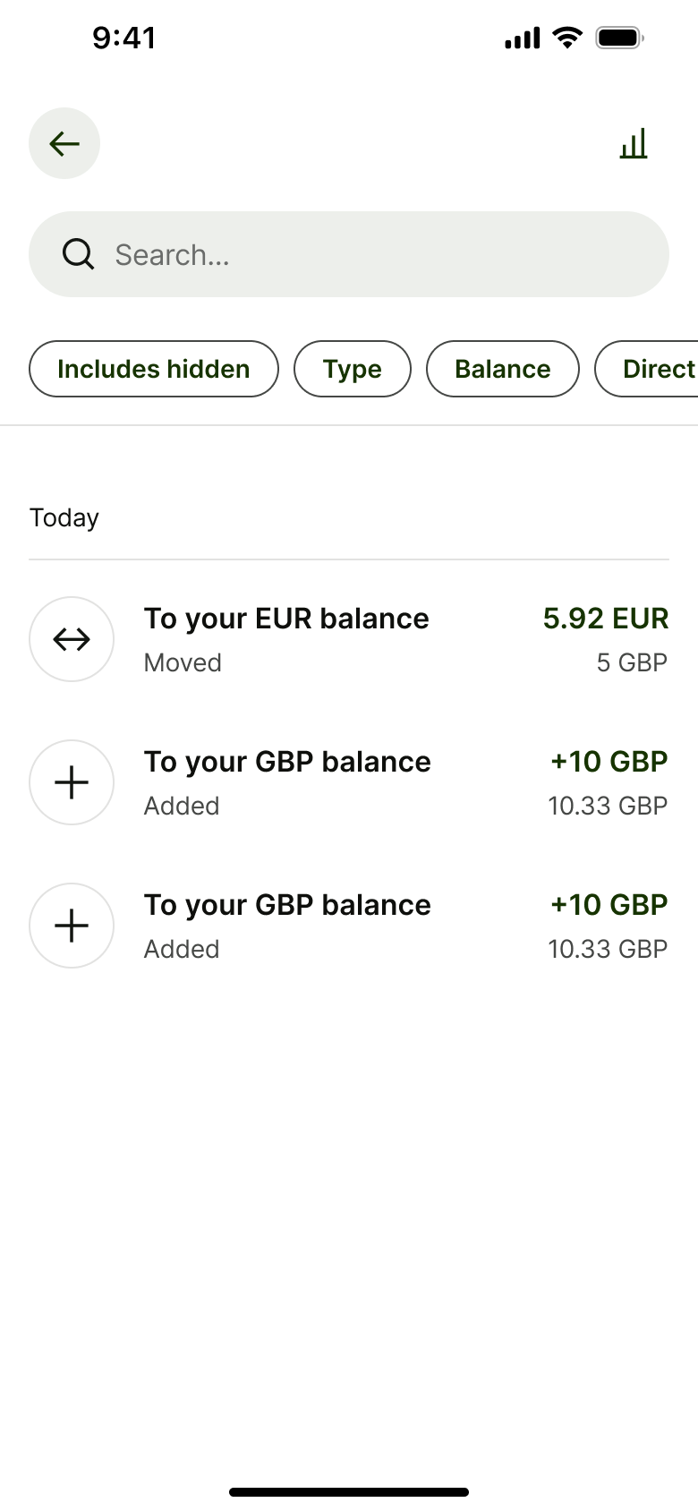Transactions with search and filter chips: hidden, type, balance, direction.