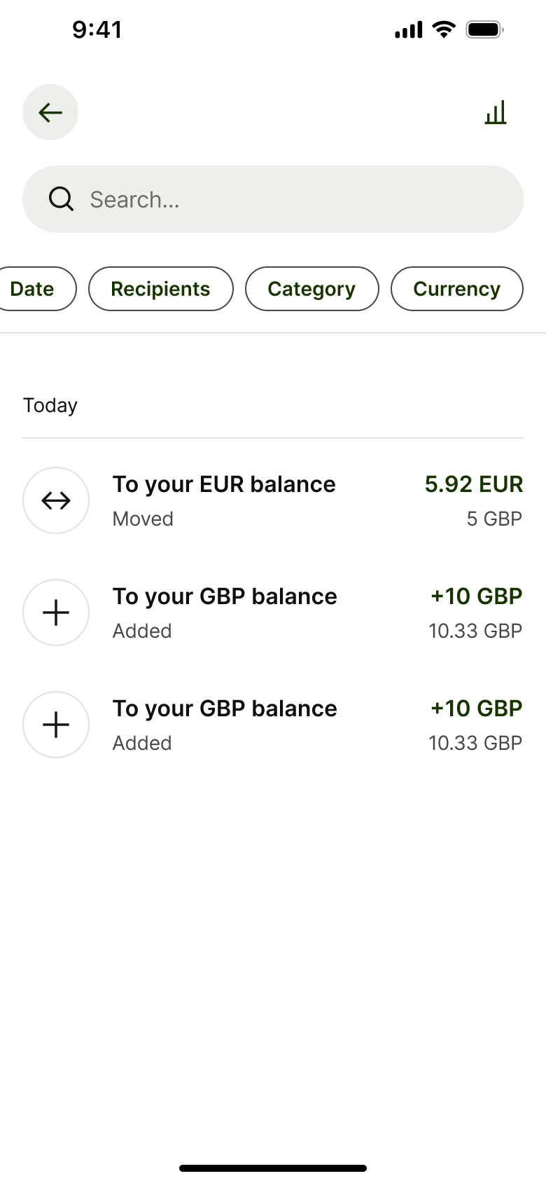 Transactions with more filter chips: date, recipients, category, currency.