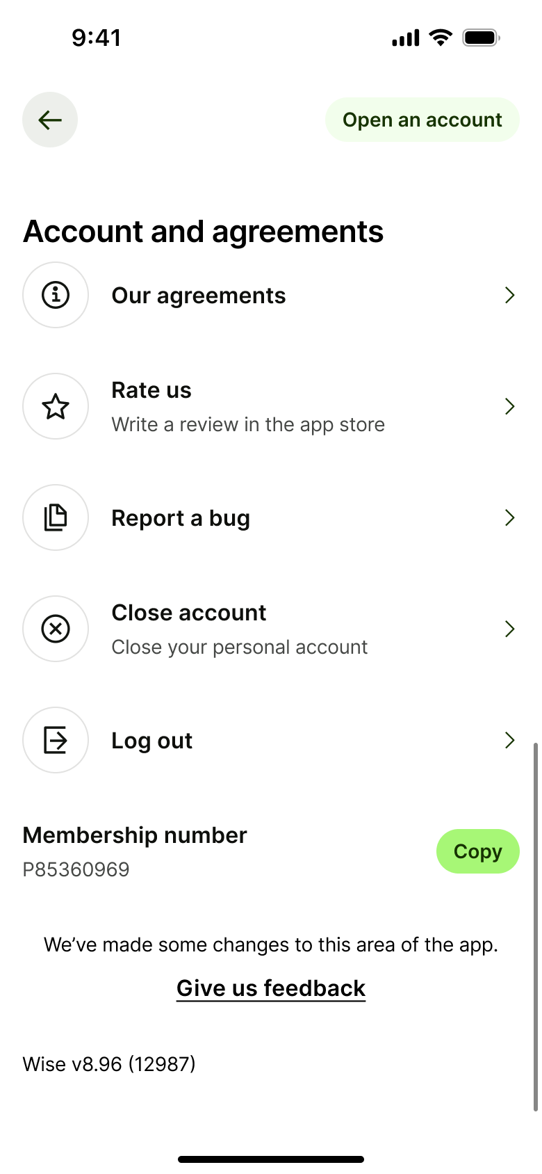 Settings end: agreements, rate us, report a bug, close account, log out and membership number.